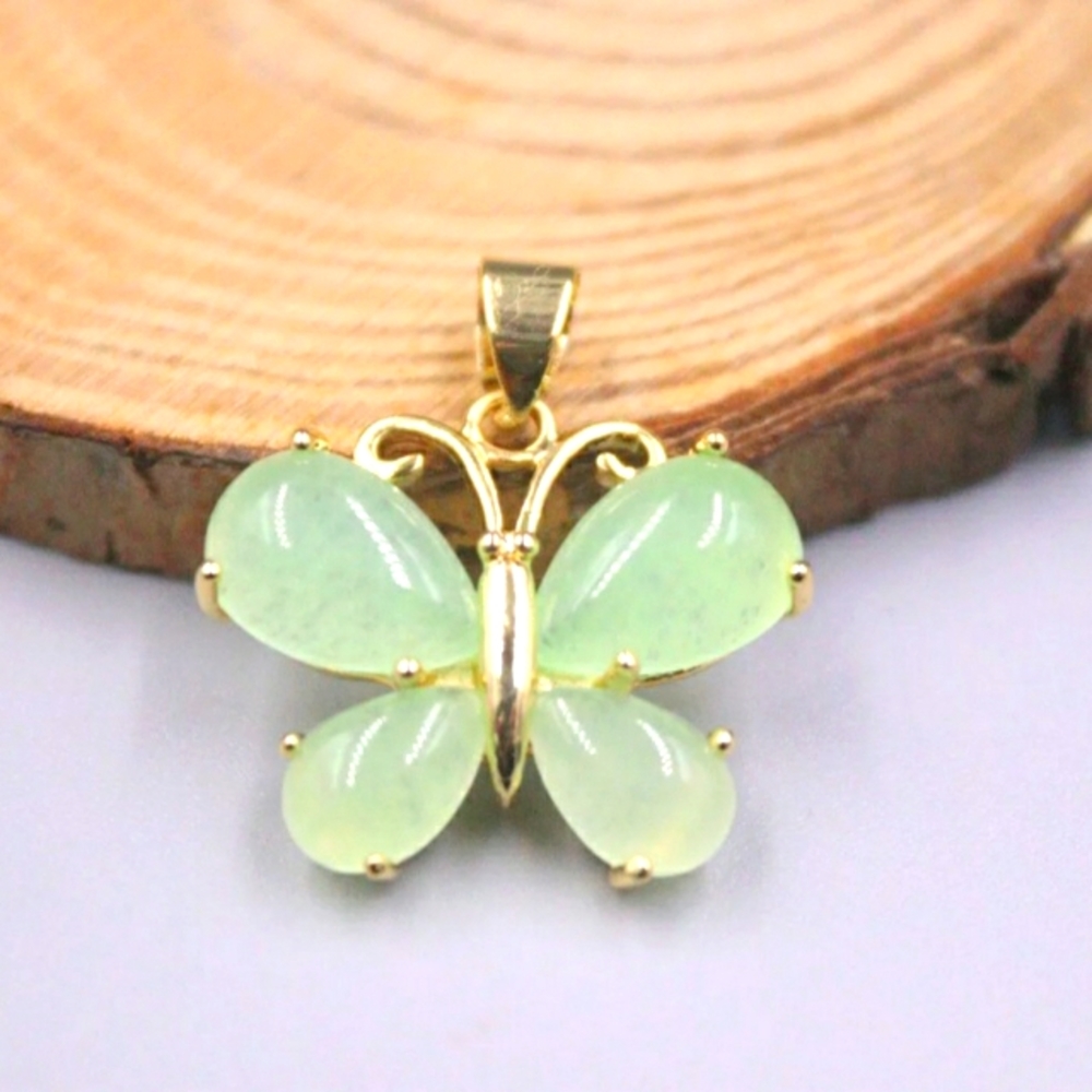 New 18K Yellow GP with Green Jade Butterfly Pendant 1.10nch